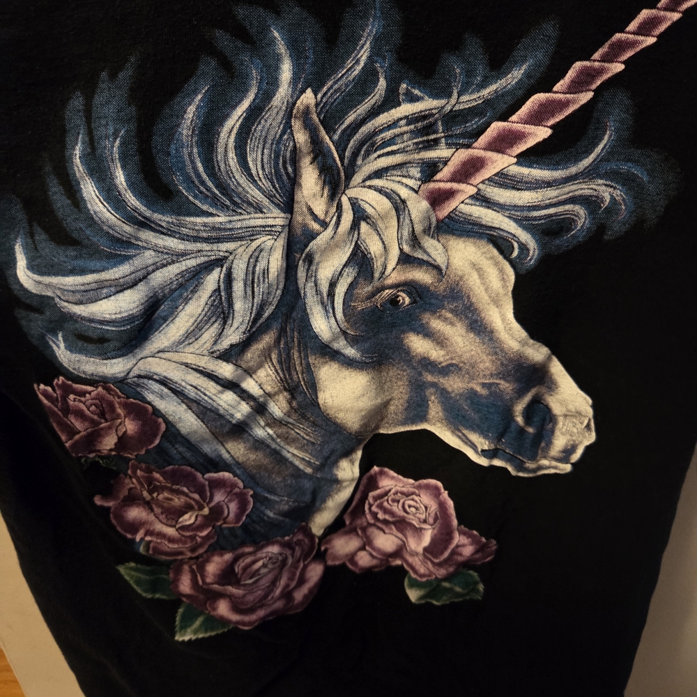 Black T-Shirt with Unicorn and Roses Design - Picture 2 of 6